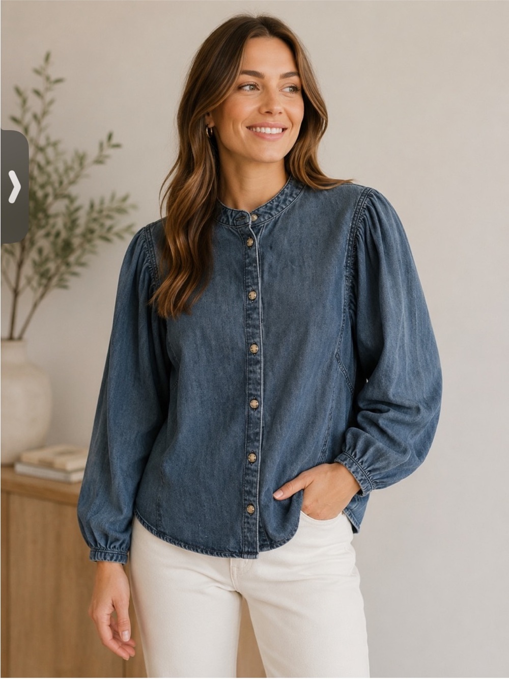 Express Denim Button Down Top Large Mandarin Collar Puffy Sleeve Coastal Preppy